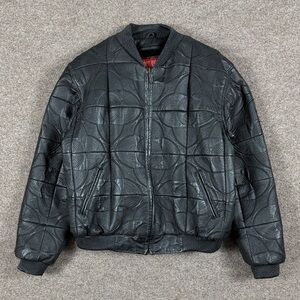 VTG East Side Black Embroidered Leather Bomber Jacket Mens 2XL Geometric Circles